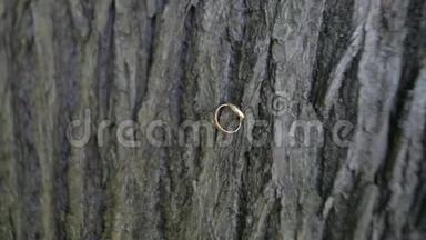 结婚戒指在木头上。 木头背景上的结婚戒指。 木制旧背景上的结婚戒指。 旧结婚戒指